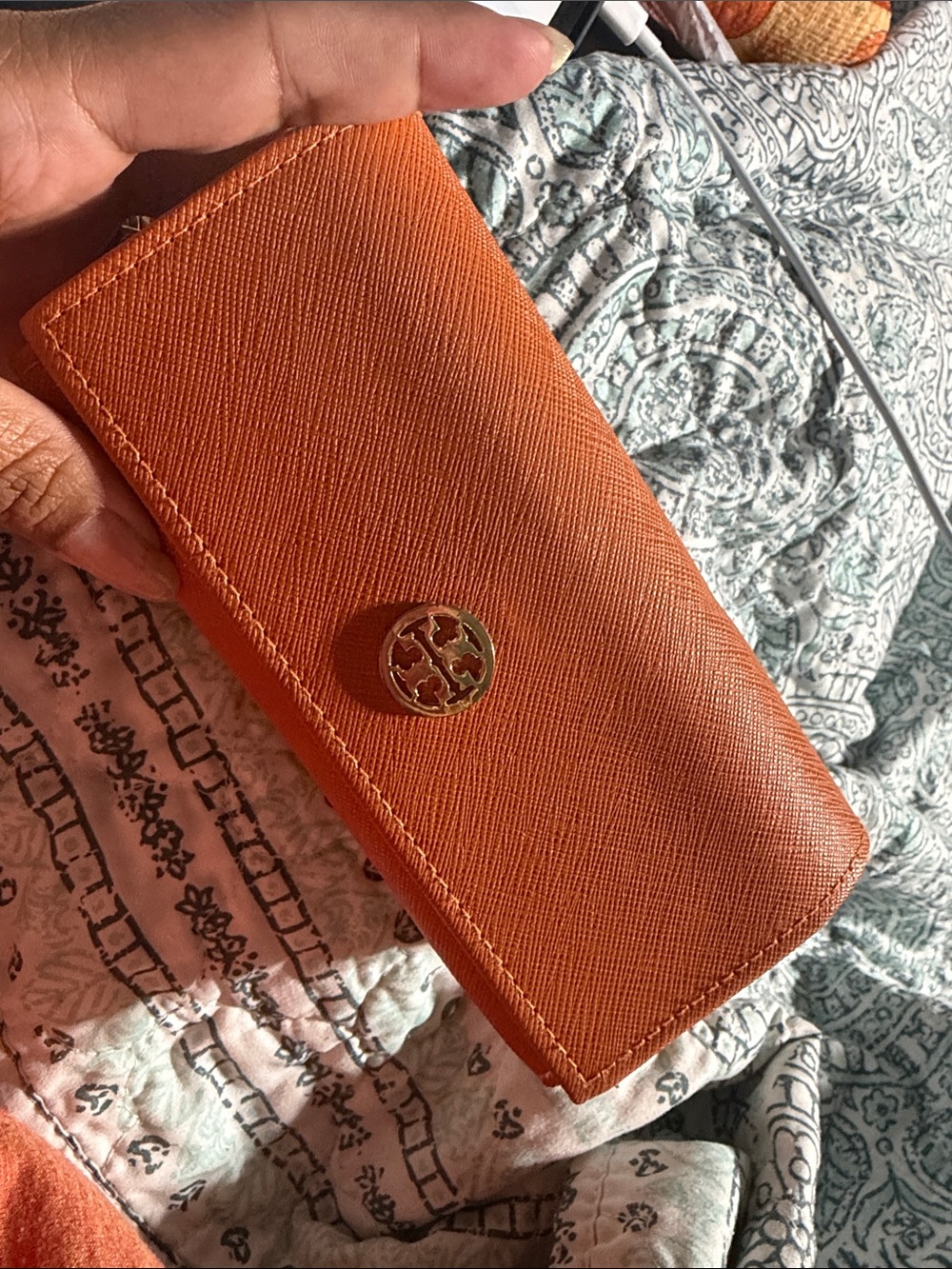 Authentic Tory Burch Orange Saffiano Continental with Gold Logo